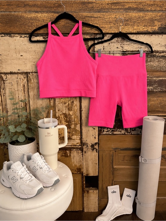 JoyLab Pants - JoyLab Neon Pink Ribbed Athletic Set | Tank & Biker Shorts | Size L